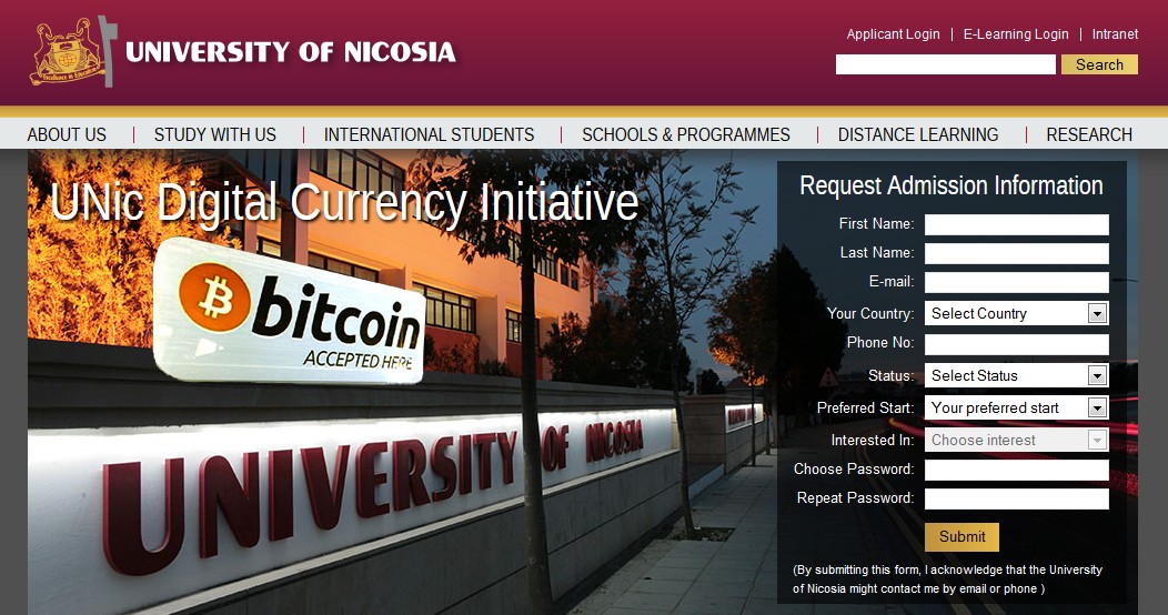 An der Universität von Nikosia können alle Gebühren mit Bitcoins bezahlt werden. (Screenshot www.unic.ac.cy)
