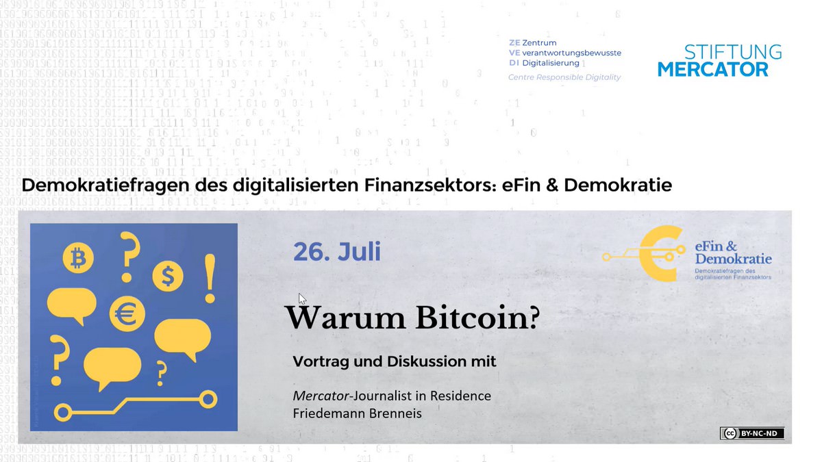 Screenshot der Startfolie des Vortrags "Warum Bitcoin?" an der TU Darmstadt