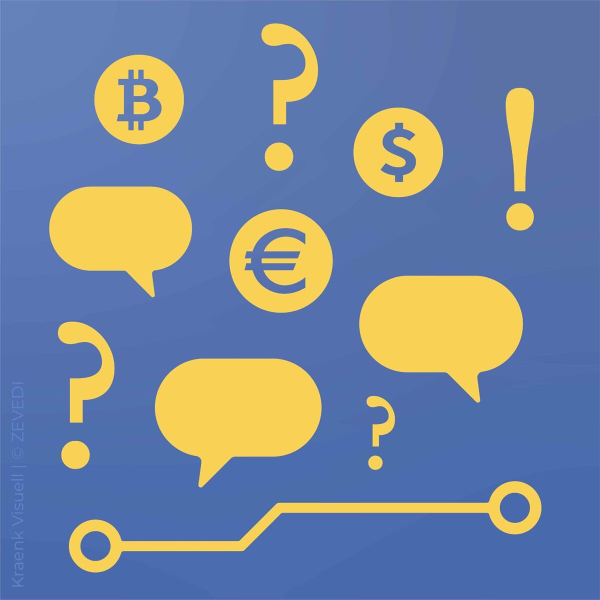 Stilisierte gelbe Sprechblasen, Fragezeichen und Bitcoin-Symbole auf blauem Grund.