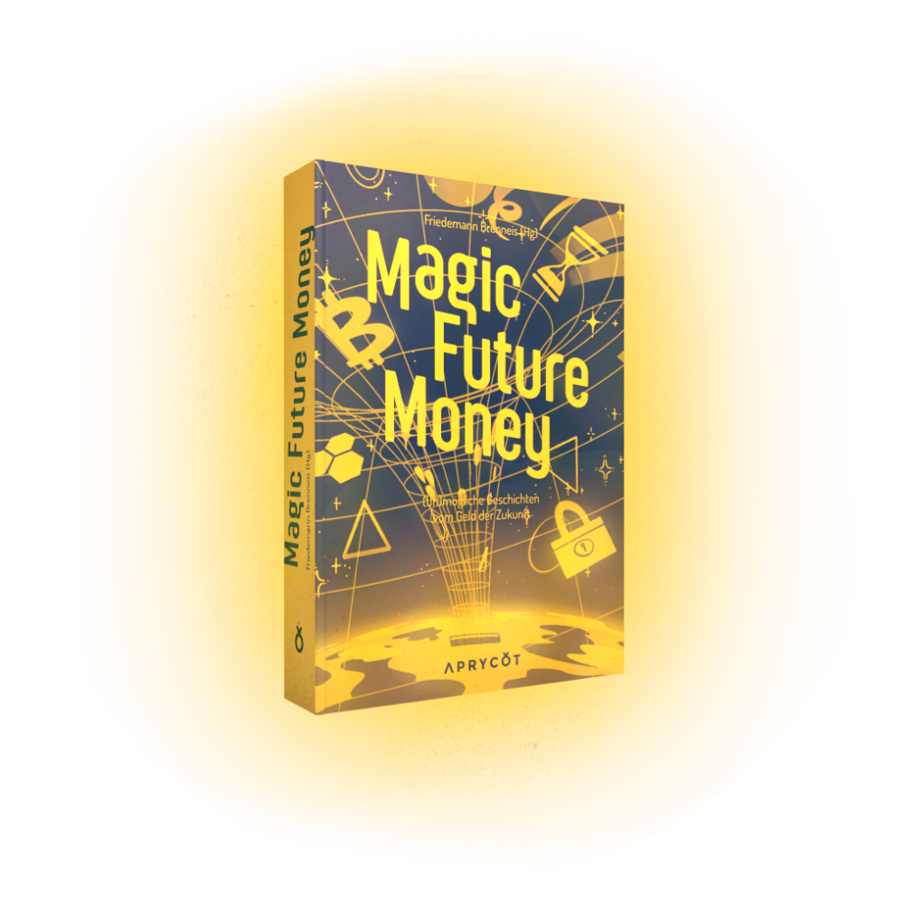Das Magic Future Money-Buch mit seinem Umschlag aus Goldpapier umgeben von einem goldenen Schein.
