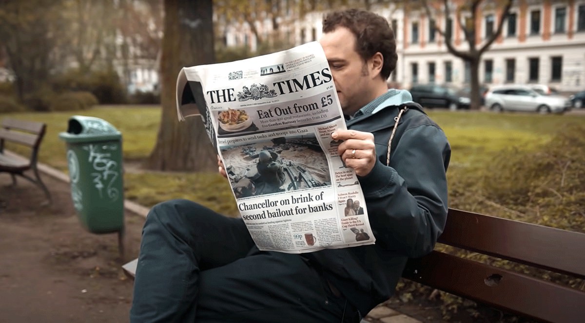 Friedemann Brenneis aka The Coinspondent sitzt auf einer Parkbank und liest die "The Times" vom 3. Januar 2009.