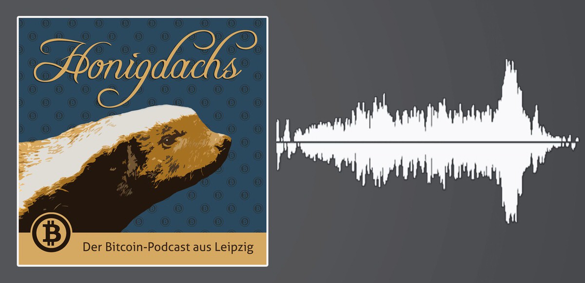 Das Cover des Honigdachs Bitcoin Podcast, ein neugierig schauender Honigdachs, zusammen mit einer stilisierten Wellenkurve.
