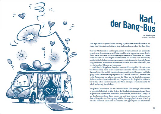 Screenshot der Illustration und ersten Seite der Magic Future Money-Geschichte "Karl, der Bang-Bus". Eine Comiczeichnung eines zwinkernden, in Dessous gekleideten Kleinbusses der eine Peitsche schwingt.