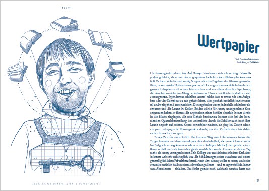 Screenshot der Illustration und ersten Seite der Magic Future Money-Geschichte "Wertpapier". Ein glücklicher Mann umrahmt von aufgeschlagenen Büchern.