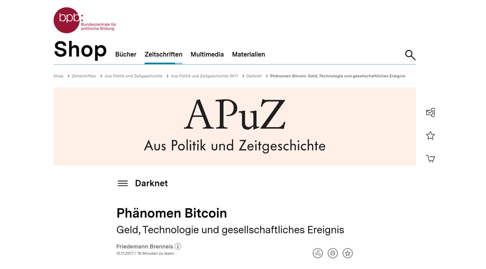 Screenshot des Artikels "Phänomen Bitcoin. Geld, Technologie und gesellschaftliches Ereignis" von Friedemann Brenneis aka The Coinspondent bei APuZ Aus Politik und Zeitgeschichte.