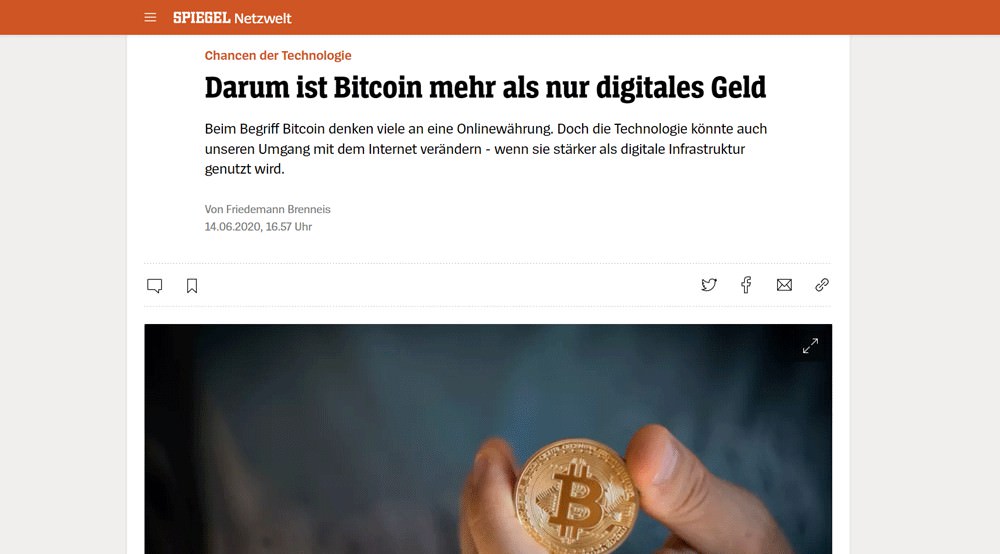 Screenshot des Artikels "Darum ist Bitcoin mehr als nur digitales Geld" von Friedemann Brenneis aka The Coinspondent bei Spiegel online. Zu sehen u.a. eine Hand, die eine physische Bitcoin-Münze hält.