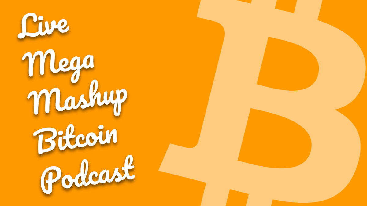 Logo des Live-Mega-Mashup-Bitcoin-Podcast. Ein weißer Schriftzug auf orangem Hintergrund mit ikonischem Bitcoin-B