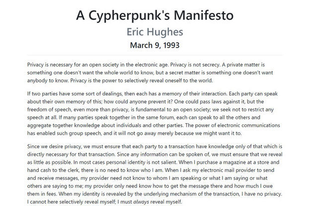 Screenshot des "A cypherpunk's manifesto" vom Satoshi Nakamoto Institute, das Eric Hughes am 9. März 1993 veröffentlichte.