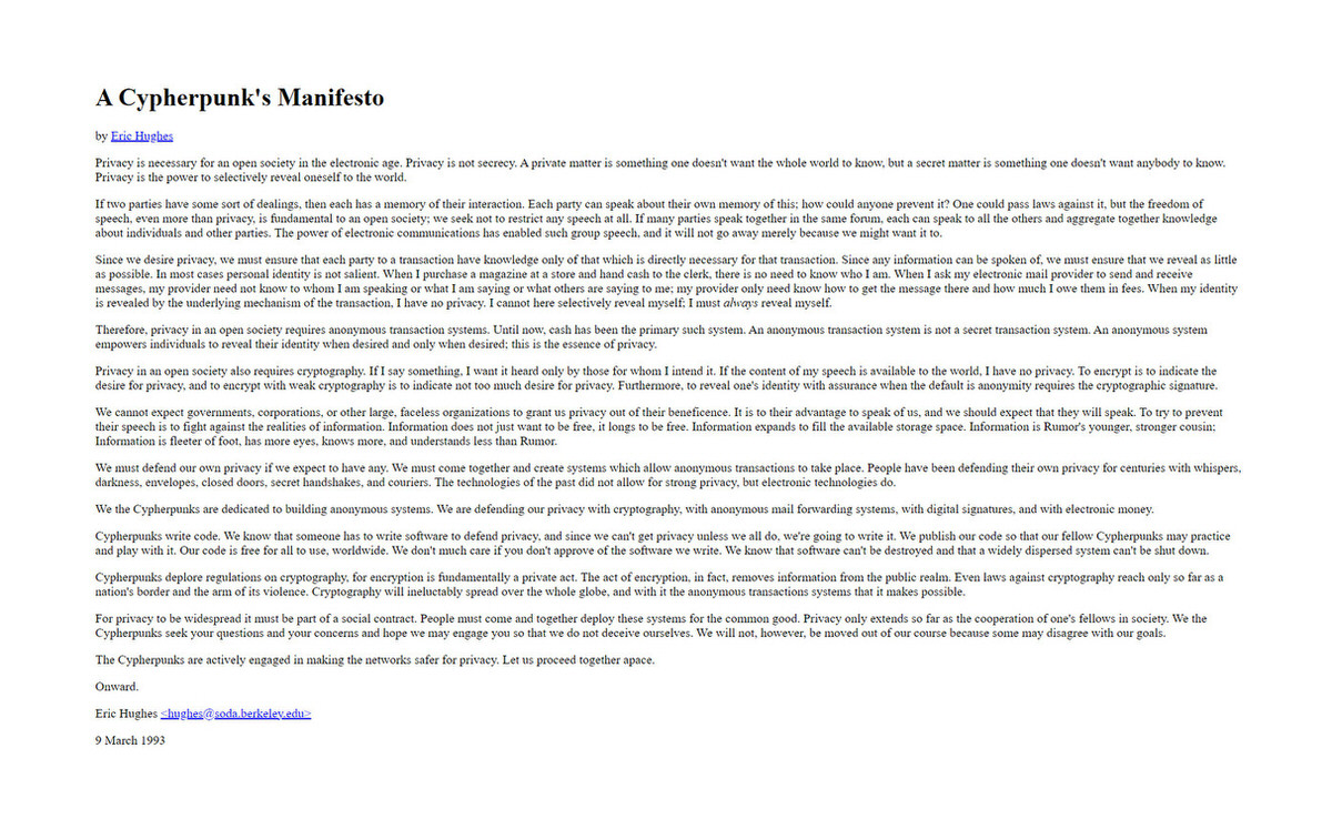 Screenshot des originalen "A cypherpunk's manifesto", das Eric Hughes am 9. März 1993 veröffentlichte.