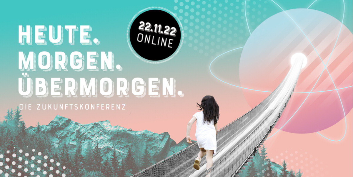 Titelgrafik des Zukunftskongresses der TU Kaiserslautern. Eine Montage, in der ein Mädchen über eine Brücke in die "Zukunft" rennt.