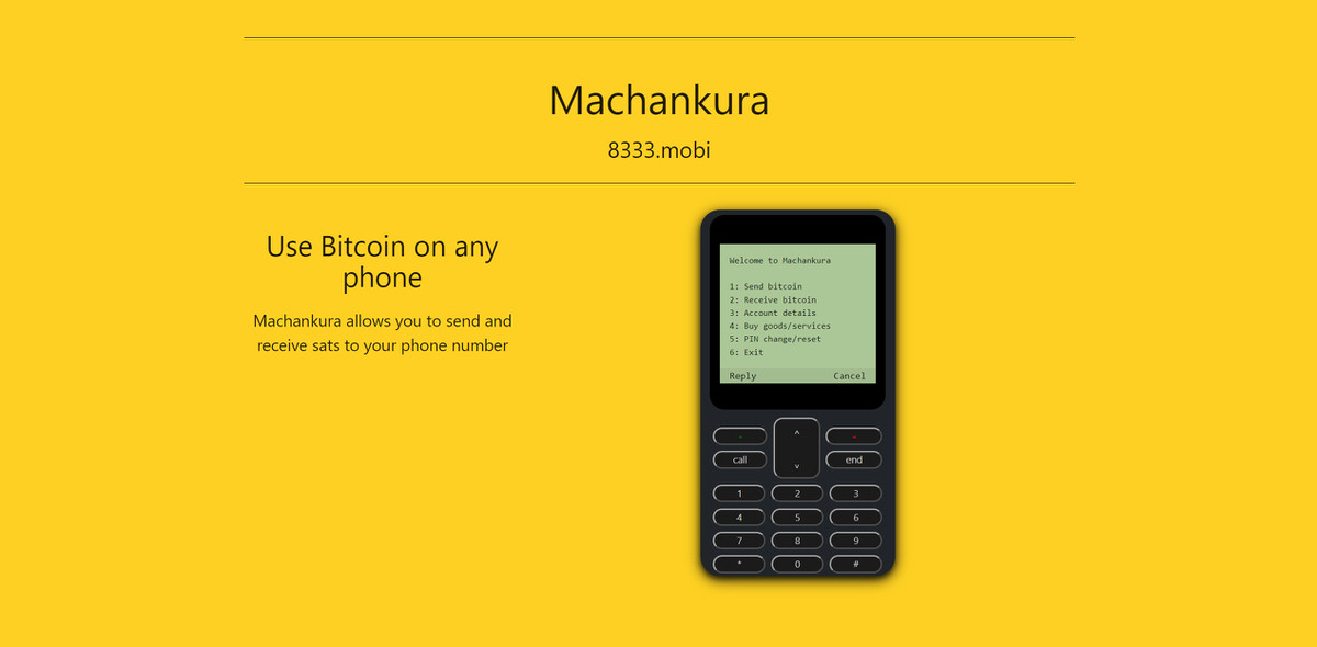Screenshot der Startseite von Machenkura, der afrikanischen Lösung, um Bitcoin ohne Internet zu versenden.