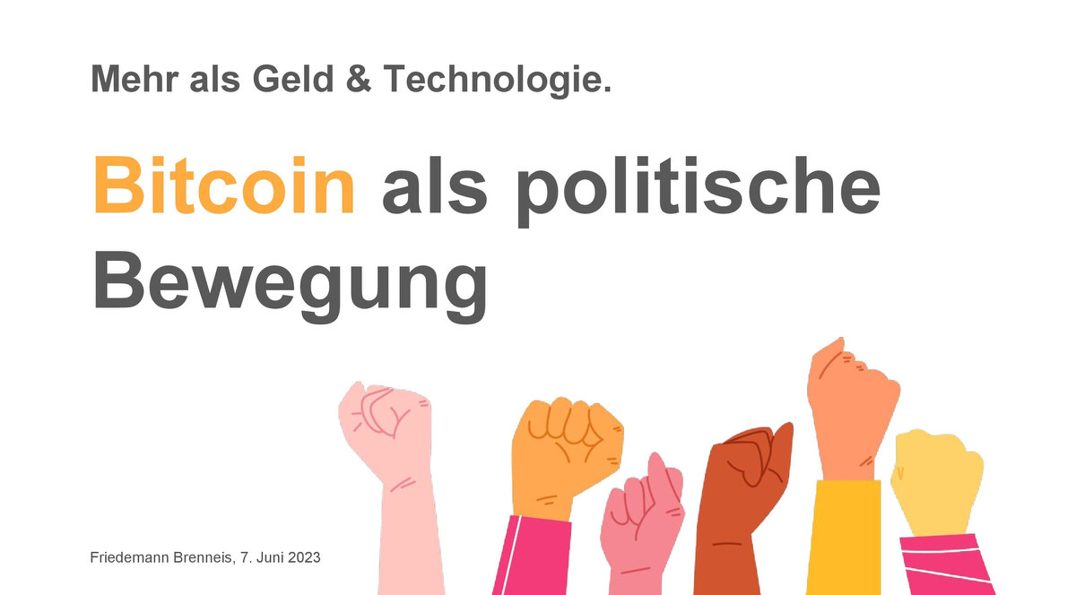 Titelfolie des Vortrags "Mehr als Geld & Technologie. Bitcoin als politische Bewegung" von Friedemann Brenneis auf der Republica 2023 am 7.6.2023 zum Thema "Cash" in Berlin