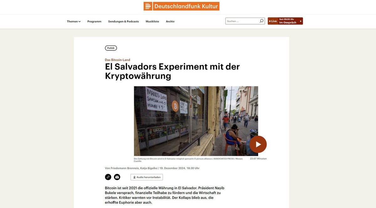 Screenshot Deutschlandfunk Kultur, Weltzeit vom 19.12.2024: "Das Bitcoin-Land. El Salvadors Experiment mit der Kryptowährung" von Friedemann Brenneis